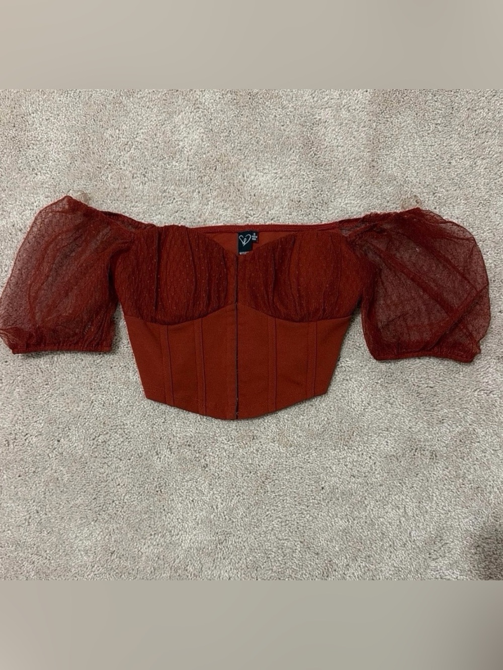 Windsor Rust Off-Shoulder Bustier Crop Top with Sheer Puff Sleeves
